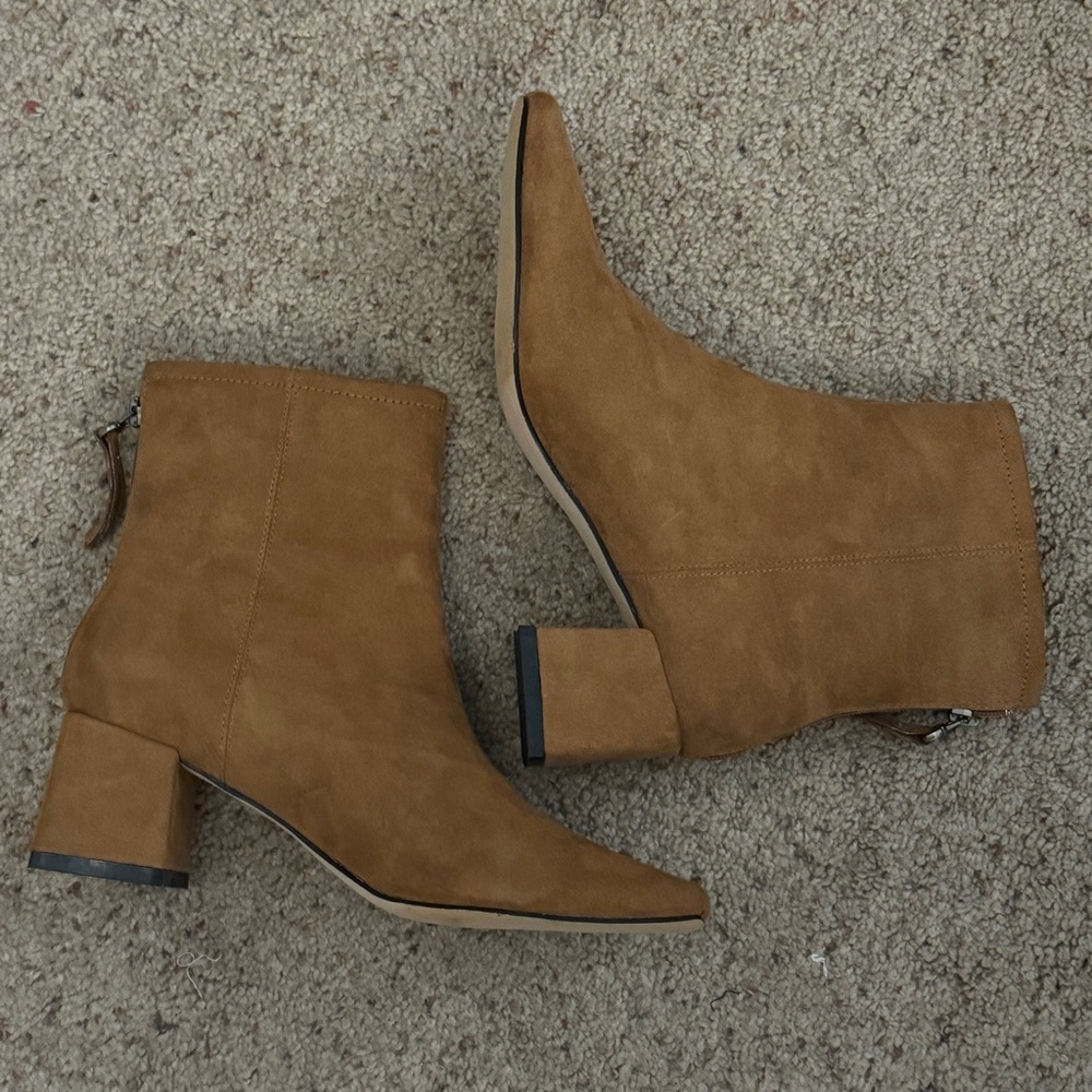 Lulus Square Toed Block Heel Camel Color Suede Ankle Boots - Picture 11 of 16